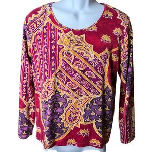 Chicos Womens Large 12 Paisley Top Maroon Gold‎ Stretch Fall Career Blouse